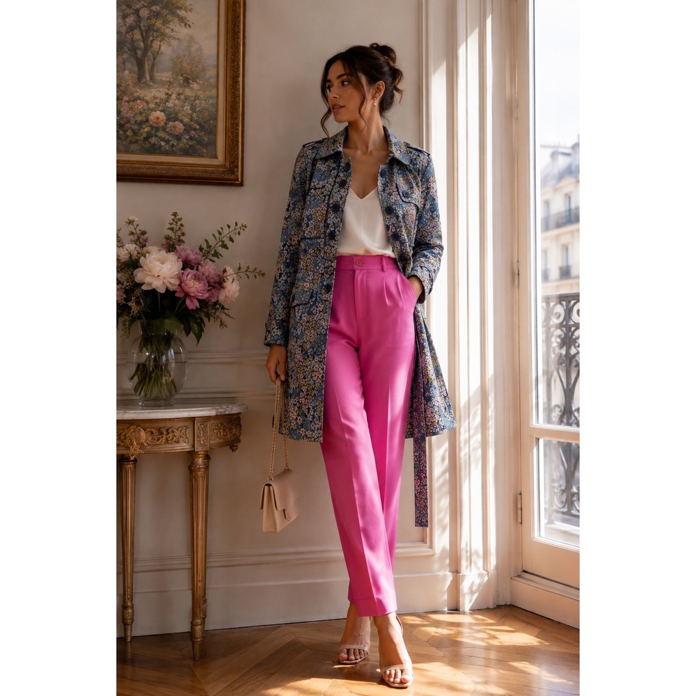 Elevenses Floral Trench Coat Women M 10 Blue Botanical Belted Jacket Cottagecore